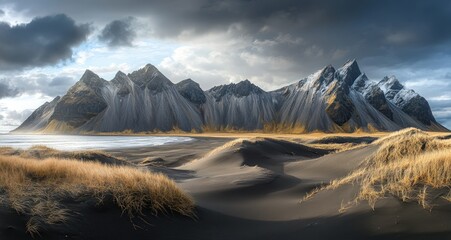 Dramatic mountain vista with black sand dunes under stormy sky