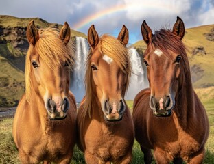 Fototapeta premium Three horses stand before a waterfall, rainbow behind