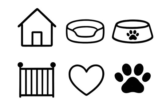 Home Safety set of icons in doodle hand-drawn vector style: house, pet bed, food bowl, gate, heart, paw.