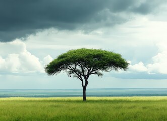Obraz premium Solitary acacia tree stands tall beneath stormy skies