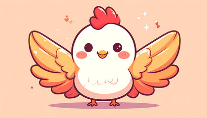 Obraz premium An adorable kawaii-style chicken with a red comb and golden wings, smiling cheerfully with sparkles.