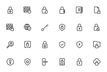 Lock and Key icon set. Security vector illustration.Featuring padlock, safebox shield, door lock and mor. Editable stroke line icos. © wang