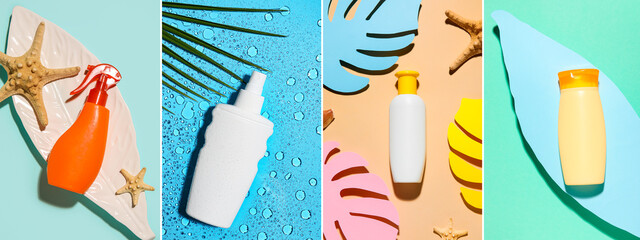 Collage of different sunscreens on color background