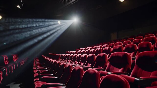 realistic 4k 3d render loop empty red cinema seats illuminated projector light nostalgic movie theater atmosphere perfect virtual backgrounds interviews film industry themed visuals