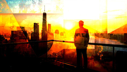 vintage abstract background with geometric shapes in faded teal and mustard tones