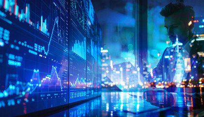 a businessman sit near large digital display board analyzing economic data