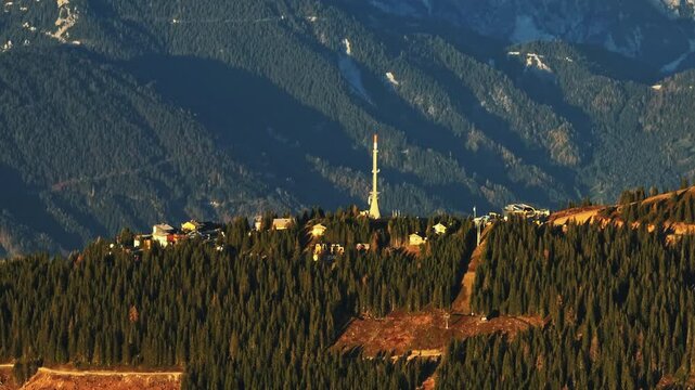Aerial view of the mountain station with the transmission tower at Hauser Kaibling in Austria.