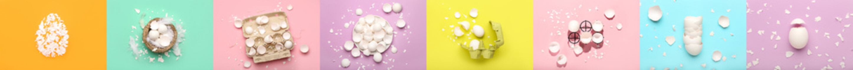 Collage with many egg shells on color background, top view