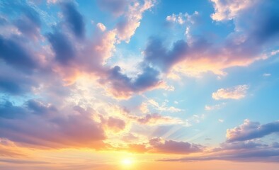 Fototapeta premium Sunset sky, vibrant colors, clouds, radiating sun