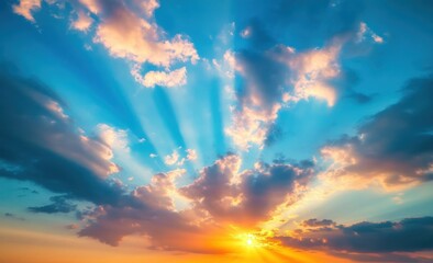 Obraz premium Sunset rays burst through clouds in a bright blue sky