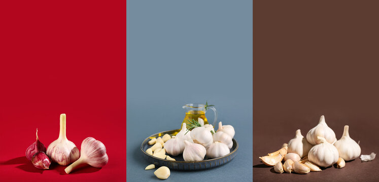 Set of fresh garlic on color background