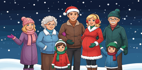 A happy family portrait during winter holidays, including parents, grandparents, and children, enjoying the snowy season together