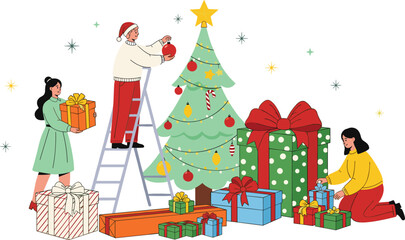 Festive Holiday Presents A Collection of Gifts, Christmas Tree, and Shopping Bags in Vector Illustration