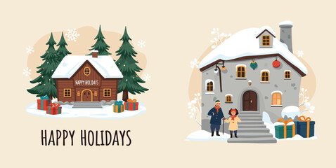 Happy Holidays Scene with Snowy Houses, Presents, and Festive Winter Landscape for Seasonal Greetings