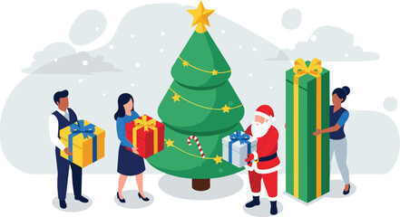 Holiday Celebration with Presents Christmas Tree and People Exchanging Gifts for Festive Cheer and Joy