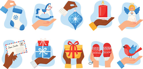 Holiday Cheer Diverse Hands Holding Festive Christmas Symbols for Seasonal Celebrations