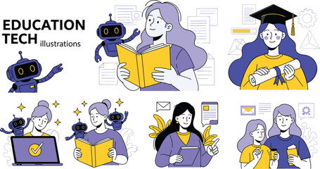 Illustrations depicting education technology and learning environments