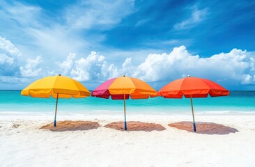 Fototapeta premium Three vibrant beach umbrellas under blue sky