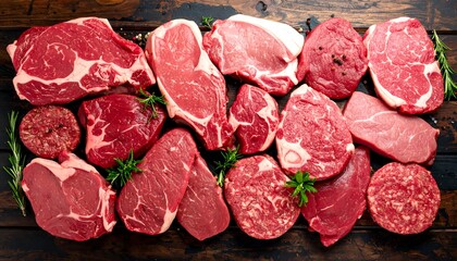 Assorted raw meat cuts on a rustic wood surface with delicious butcher selection.