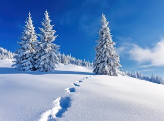 Naklejka premium Snow-covered trees and footprints under a clear blue sky
