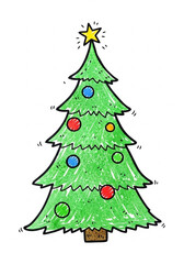 A festive, illustrated Christmas tree, adorned with colorful ornaments and a radiant star, embodies the spirit of the holiday season and radiates joy.