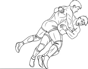 Fototapeta premium Dynamic wrestlers locked in intense grapple, showcasing strength and athletic prowess in a thrilling combat sport moment