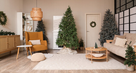 Different Christmas trees in interior of modern living room