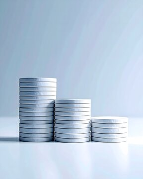 Stacks of coins decreasing in height represent financial loss on white surface, suggesting economic downturn and investment challenges.