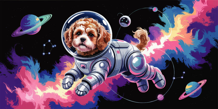 Cute Dog in Space Suit Floating Among Planets and Nebula, Colorful Cosmic Background, Whimsical Animal Astronaut Illustration