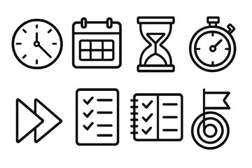 Time Efficiency outline icon set: clock, calendar, hourglass, stopwatch, fast forward arrow, checklist, to-do notebook, target flag.