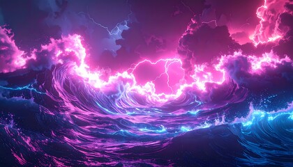 Vibrant Neon Ocean Waves and Glowing Clouds Abstract Background.