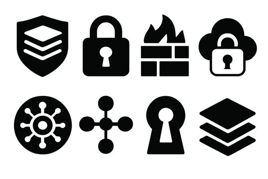 Security Layers silhouette set: shield with layers, digital lock, firewall icon, cloud security, encryption core, network nodes, keyhole, layered diagram. , , High resolution,