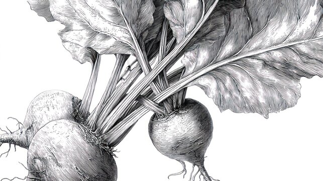 Detailed grayscale illustration of beetroot plants, showcasing roots and leaves, against a white backdrop