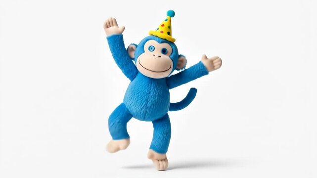 Playful Blue Monkey Celebrating with Party Hat in Studio.