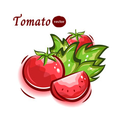 瑞々しい完熟トマトと葉のポップでキュートなイラスト