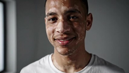 Close Up Portrait of Smiling Young Man with Vitiligo in White T Shirt with Gray Background in Studio Setting Showcasing Skin Condition Awareness and Beauty Diversity and Medical Presentation