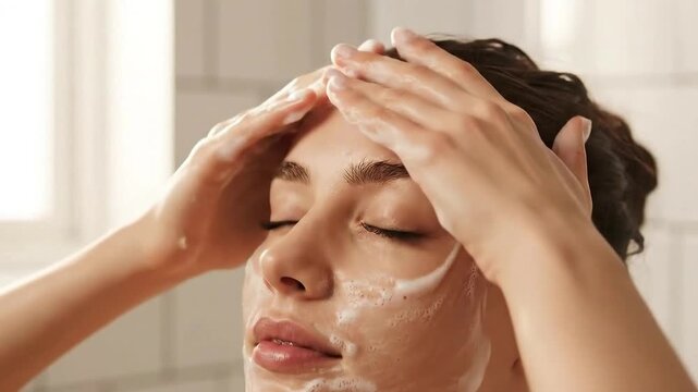 Close Up of Young Woman Gently Cleansing Her Face with Foaming Cleanser in Bright Bathroom Light and Eyes Closed for Skincare Routine Product Promotion and Beauty Campaign 198 Characters