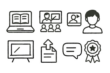 Remote Education set of icons in doodle hand-drawn vector style: laptop with book, online classroom, video call icon, student avatar, virtual blackboard, assignment upload, chat