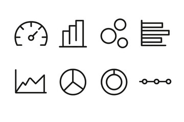 Outlined Chart Icons outline icon set: gauge meter, waterfall chart, bubble chart, horizontal bars, area curve, circle diagram, progress ring, timeline.