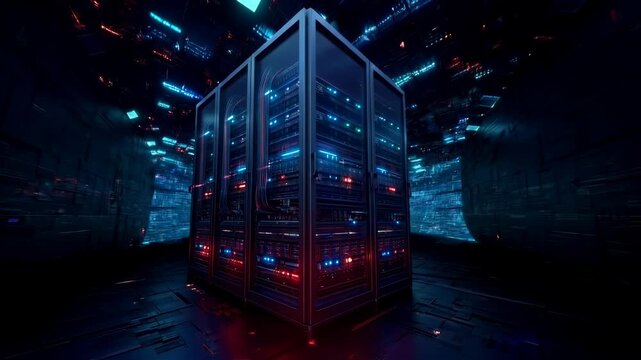 Gleaming server racks with illuminated red and blue indicator lights stand in a dimly lit, futuristic data center hallway with glowing cyan ceiling panels and a textured floor.