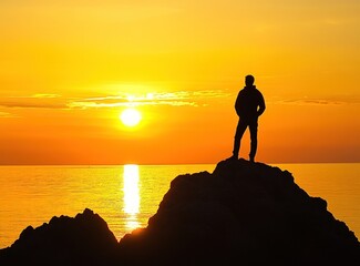 Silhouette of person atop rocky outcrop facing golden sunrise over ocean