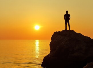 Silhouette of person atop cliff at golden sunrise over ocean