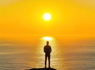 Silhouetted figure watches sunrise over tranquil ocean