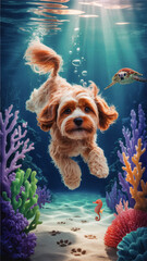 Cute Fluffy Dog Swimming Underwater with Colorful Coral Reef, Sea Turtle, and Seahorse in Vibrant Ocean Scene Illustration