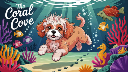 Adorable Cartoon Puppy Swimming Underwater in Vibrant Coral Cove with Colorful Fish, Sea Turtle, Seahorse, and Ocean Scenery