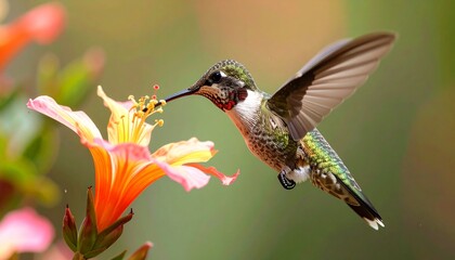 Fototapeta premium A vibrant ruby-throated hummingbird hovers gracefully, extracting nectar from a beautiful orange and pink trumpet flower in a lush garden.