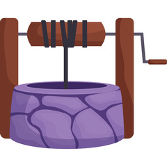 Pixel Art Water Well With Purple Stone Bucket And Wooden Crank Structure On Transparent Background Classic Rural Water Source Drawing