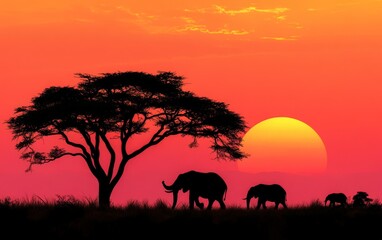 Elephants walk across the savanna at sunset