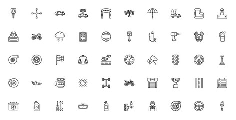 Racing & Motorsport icon set. Vector illustration feturing car, motorbike, helet, podium, trophy, engine tools, race track, speed nd more. Editable stroke.