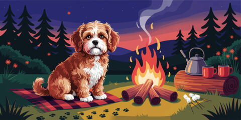 Cute Dog by Campfire in Forest at Sunset, Cozy Camping Scene with Blanket, Kettle, Mugs, and Marshmallows, Vector Illustration